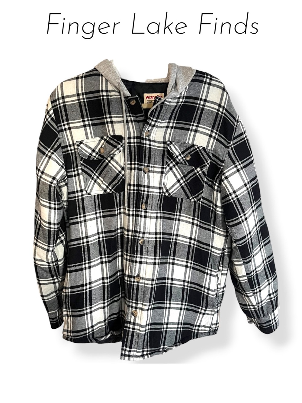 Wrangler Men's Black & White Plaid Hooded Flannel Shacket, M